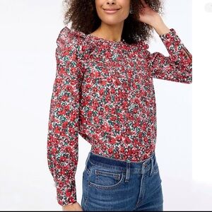 J. Crew Factory Red and Green Floral Poplin Ruffle Blouse